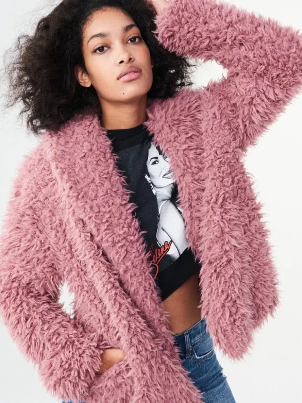 Aeropostale Shaggy Faux Fur Jacket Women's S/M Dusty Rose Y2K Teddy Chic Stay